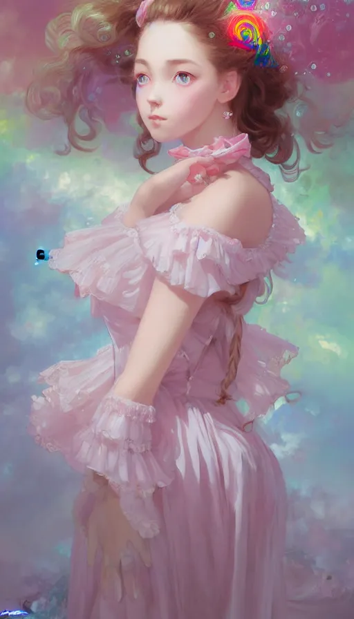 Image similar to portrait of magical lolita girl, dreamy and ethereal, expressive pose, big pink eyes, peaceful expression, ornate frilly dress, fantasy, intricate, elegant, many rainbow bubbles, highly detailed, digital painting, artstation, concept art, smooth, sharp focus, illustration, art by artgerm and greg rutkowski and alphonse mucha