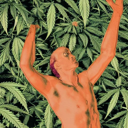 Image similar to the satana spreads his hands against the background of growing cannabis. realistic rendering