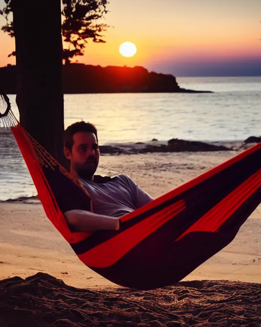 Prompt: a portrait of a man laying on a hammock on the beach with a bowl containing tomato soup, highly detailed, sunset, sea in background, trending on artstation, bokeh, 9 0 mm, f / 1. 4