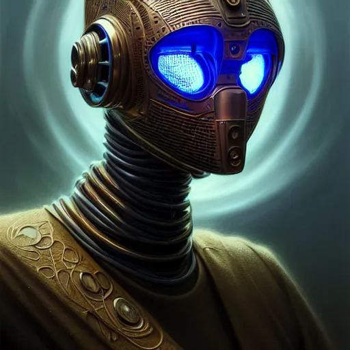 Image similar to low angle portrait shot of a cyberpunk gazmask robot character, intricate, elegant, highly detailed, centered, digital painting, artstation, concept art, smooth, sharp focus, illustration, artgerm, Tomasz Alen Kopera, Peter Mohrbacher, donato giancola, Joseph Christian Leyendecker, WLOP, Boris Vallejo