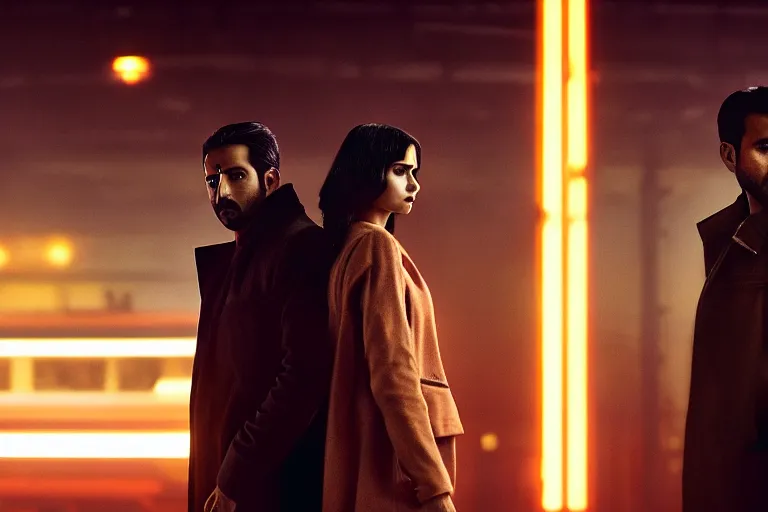 Image similar to film still of closeup beautiful model indian couple in blade runner 2 0 4 9, train station, cinematic, moody, gritty neon noir by emmanuel lubezki