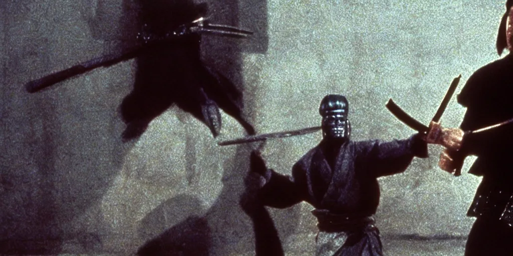 Prompt: scene from Shogun’s Shadow, 1989, movie still, cinematic, anthropomorphic half man half bear, epic, samurai