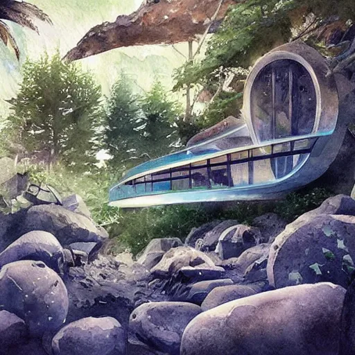 Image similar to beautiful happy picturesque charming sci - fi organic pod - like homes of the future in a beautiful natural scene. water, trees and rocks. beautiful light. soft colour scheme. beautiful artistic detailed watercolor by lurid. ( 2 0 2 2 )