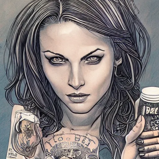 Image similar to a very accurately drawn beautiful portrait of a heavily tattooed woman handing you a beer in Travis Charest style