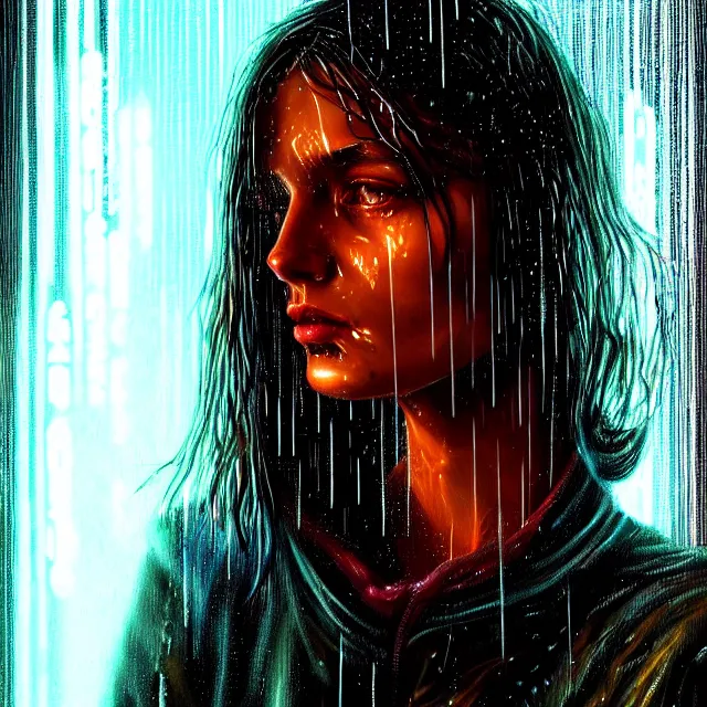 Image similar to bright portrait LSD glowing backlit rain on face and wet hair, cyberpunk, overhead lighting, fantasy, intricate, elegant, dramatic lighting, highly detailed, lifelike, photorealistic, digital painting, artstation, illustration, concept art, smooth, sharp focus, art by John Collier and Albert Aublet and Krenz Cushart and Artem Demura and Alphonse Mucha