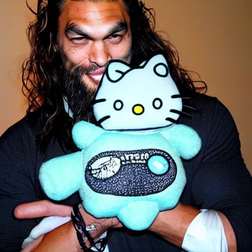 Prompt: Jason Momoa holding a Hello Kitty plushie, lowbrow painting by Mark Ryden