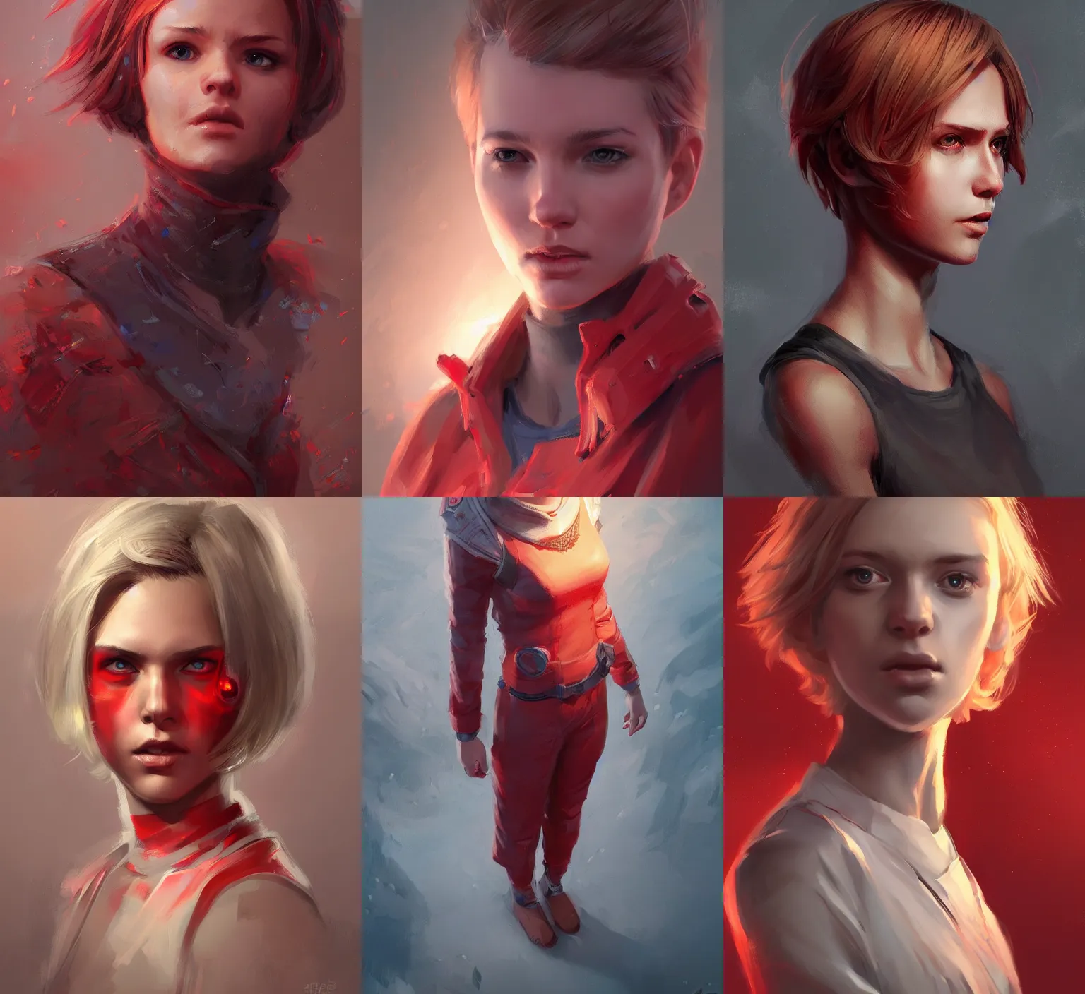 Prompt: portrait young girl, short blond hair forlock, red jumpsuit, stand above void, intricate, highly detailed, artstation, aleksi briclot, mandy jurgens, rutkowski