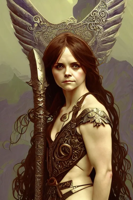 Image similar to Christina Ricci as an Viking warrior angel, fantasy, intricate, elegant, highly detailed, digital painting, artstation, concept art, smooth, sharp focus, illustration, art by alphonse mucha