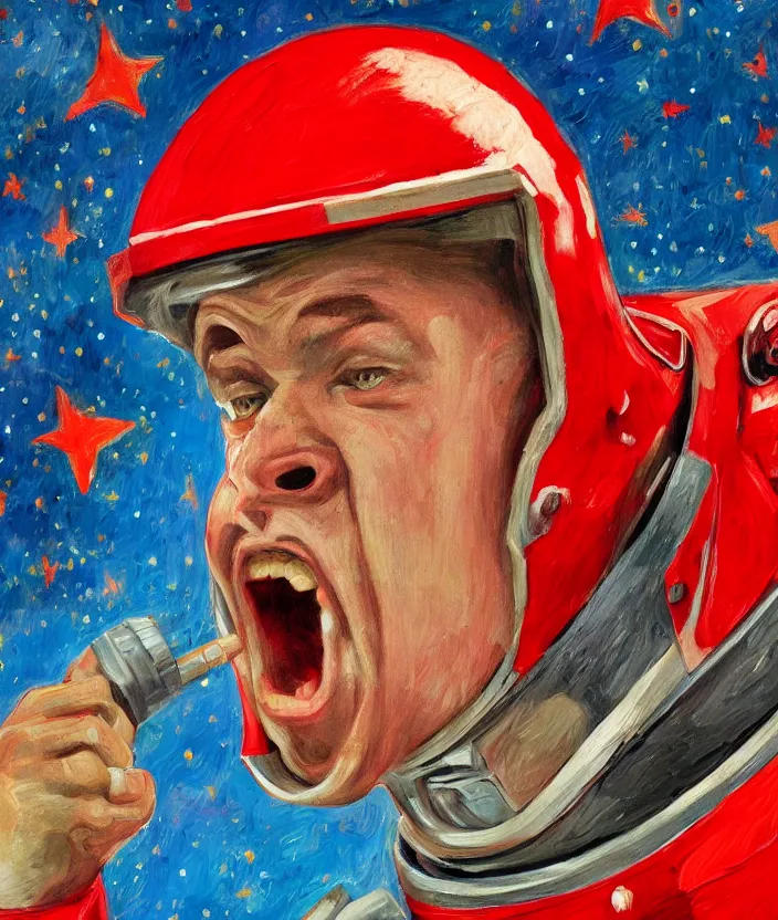 Prompt: a close up portrait painting of a man in a red astronaut suit, screaming and sad, highly detailed, face close up, aesthetic stars in the background, in the style of edward hopper, fine brush strokes, 4 k,