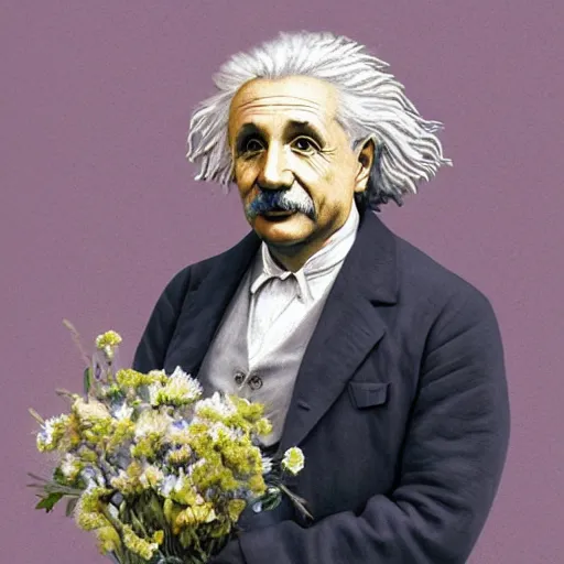 Image similar to portrait of einstein, holding a bouquet of flowers ， exude an eternity ， hyperrealistic, by beeple, greg rutkowski, caspar david friedrich, smooth, illustration, elegant, artstation, digital painting.