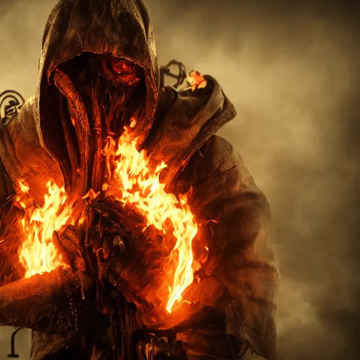 Image similar to gritty apocalyptic hooded man smiling with burning heart in chest, octane render, 4 k ultra hd, hyper - detailed, seedy lighting, sharp focus, fantasy dark art