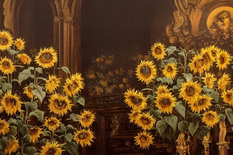 Prompt: a beautiful painting of at dusk, the seats in the church are full of sunflowers and white daisies, inside the building, extreme closeup, rococo style, baroque style