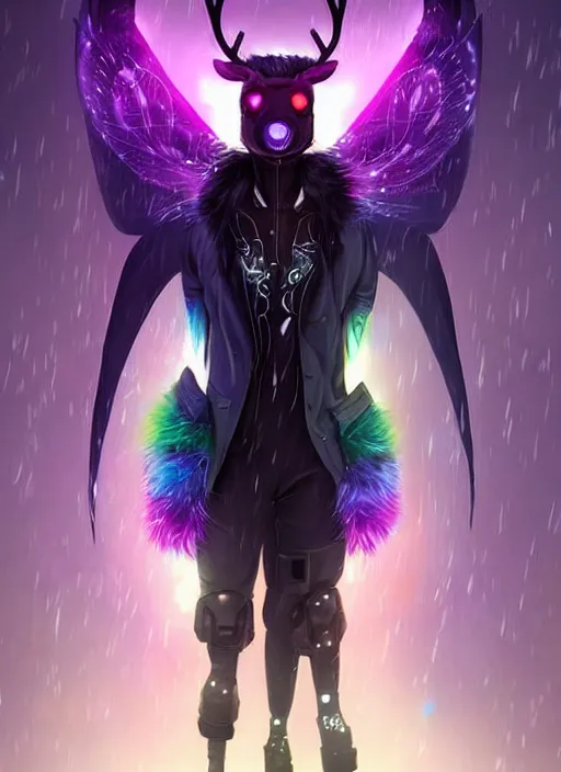 Image similar to award winning beautiful portrait commission of a male furry anthro Black Reindeer cyberpunk fursona with a tail, wings, wings, wings and a cute beautiful attractive detailed furry face wearing stylish black and rainbow galaxy clothes, outline, in a cyberpunk city at night while it rains. Character design by charlie bowater, ross tran, artgerm, and makoto shinkai, detailed, inked, western comic book art