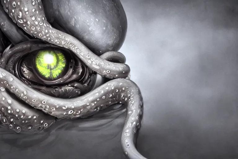 Image similar to ultra realist wide shot soft painting of slimy tentacles covered with eyes, so scary one glance is enough to drive a man insane, very intricate details, ultra dense fog, golden ratio, volumetric black and white lighting, reflections, refractions, symmetry accurate anatomy features, unreal render