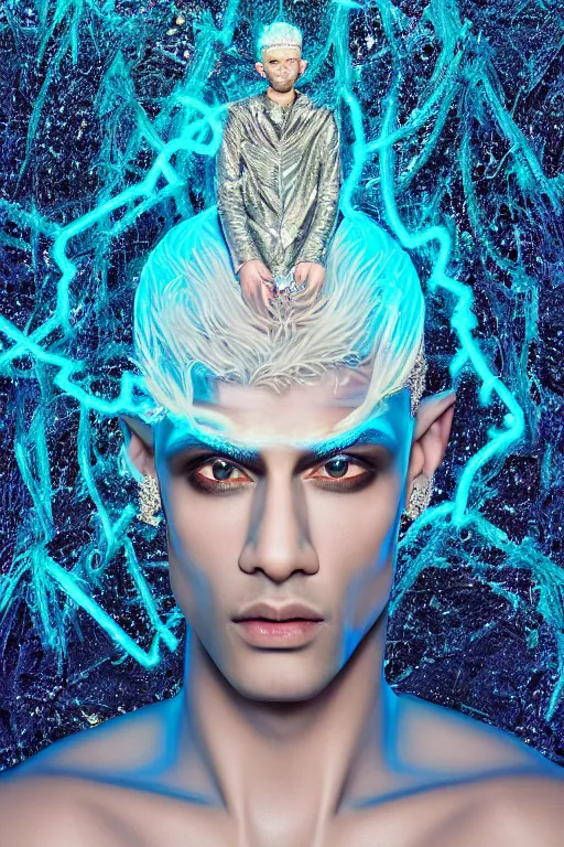 Prompt: hyper detailed ultra sharp portrait of baroque and bladerunner delicate neon diamond sculpture of seductive albino pharaoh zayn malik, diamond blue sphinx iridescent humanoid deity wearing metallic hoody made out of hands holding the sun prismatic dungeon, glowing blue face, crown of white diamonds, cinematic lighting, photorealistic, octane render 8 k depth of field 3 d
