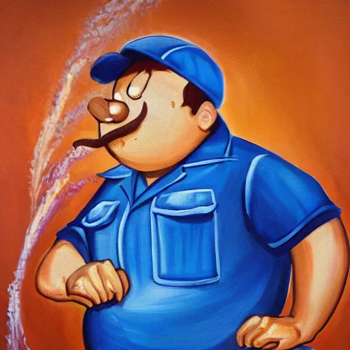 Prompt: painting of chubby mechanic with mustache baking bread