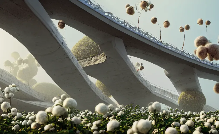 Image similar to a big bridge collapses after explosions in the form of cotton plants, 3 d octane render, epic lighting, 8 k, by goro fujita