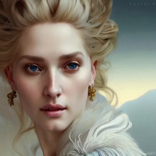 Image similar to portrait painting of a beautiful blonde woman with a kind face wearing a feathered cloak and a fancy silk white dress, ultra realistic, concept art, intricate details, eerie, highly detailed, photorealistic, octane render, 8 k, unreal engine. art by artgerm and greg rutkowski and charlie bowater and magali villeneuve and alphonse mucha