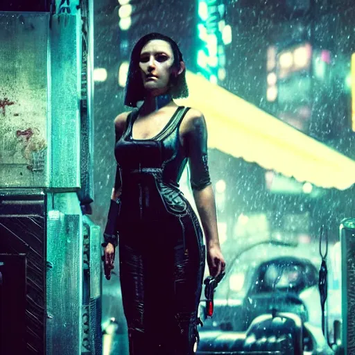 Prompt: a cyberpunk android beautiful woman standing next to a vintage car with large futuristic weaponry, the woman has long flowing hair and bright lipstick. style of blade runner, dark city, twilight zone.