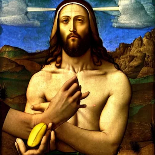 Image similar to jesus lifting a banana up into the air, digital art, emotional and powerful pose, by leonardo da vinci