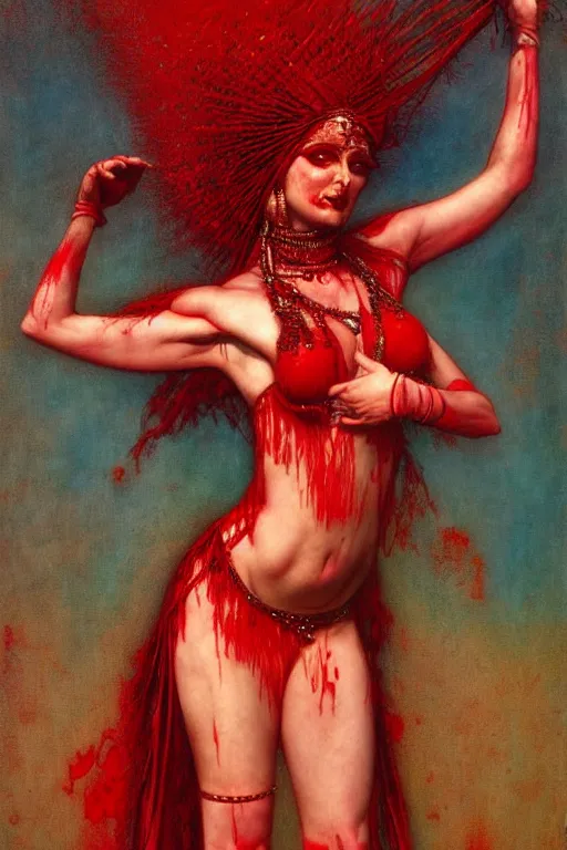 Prompt: red and turquoise raving bellydancer in the style of wayne barlowe, gustav moreau, goward, bussiere, roberto ferri, santiago caruso, luis ricardo falero, austin osman spare