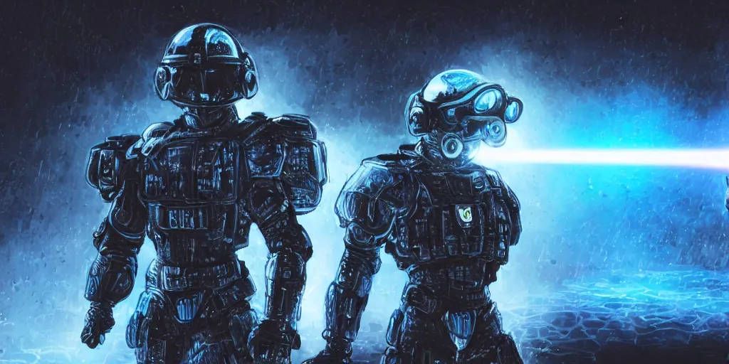 Image similar to A detailed sketch of two soldiers with blue laser rifles wearing black power armour with blue sprites and full helmets with blue visors, night, rain, water drops on the lense, a complicated chrome-plated spaceship with blue lights in the background, realistic 4k octane beautifully detailed render, 4k post-processing, highly detailed, intricate complexity, epic composition, magical atmosphere, cinematic lighting, masterpiece, ultra hd