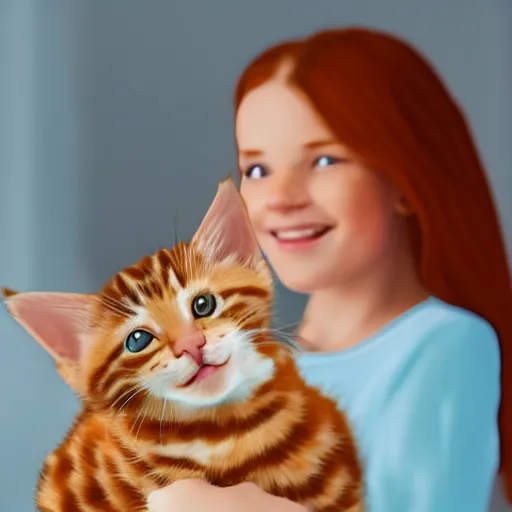 Image similar to young freckled smiling pretty redhead girl is holding a kitten while watching tv, depicted for a children's book, in the style of claudia gadotti and katie risor