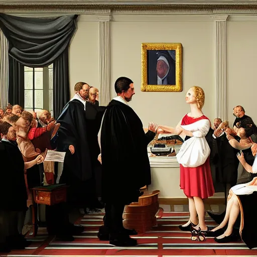 Image similar to hyperdetailed elaborate minimalist photorealistic portrait of Leslie Knope taking the oath of office as president of the united states in the style of Caravaggio