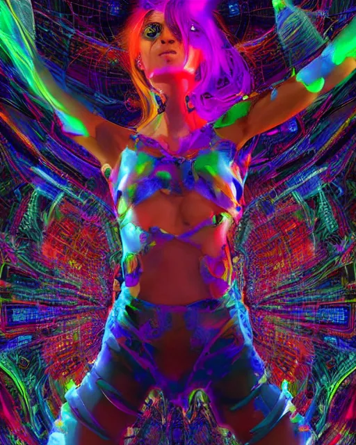 Image similar to a powerful energy psychedelic matrix latin woman, by alexander fedosav, hyper detailed digital matte painting, concept art, hyperrealism, 1 6 k resolution, cinema 4 d, 8 k resolution, trending on artstation, behance hd, a masterpiece, by stephan martiniere, particles, cel - shaded, power bright neon energy, by david a. hardy