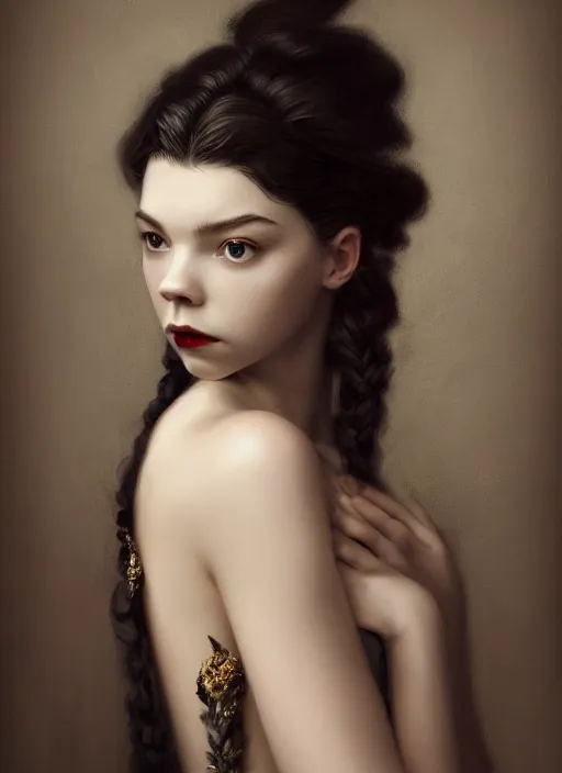 Image similar to a portrait of an elegant beautiful dark bohemian vampire woman, smooth face, glamour shot, (young Anya Taylor-Joy), bored, illustration, dramatic lighting, soft details, painting oil on canvas, art nouveau, octane render, HDR, 4k, 8k, HD, by Edmund Blair Leighton, Brom, Charlie Bowater, trending on artstation,