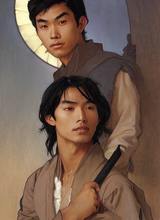 Prompt: a young asian man with tanned skin and shoulder length tousled black hair. he has an intense expression, is wearing a long blue coat and holding a spear. portrait painting by artgerm and greg rutkowski and alphonse mucha