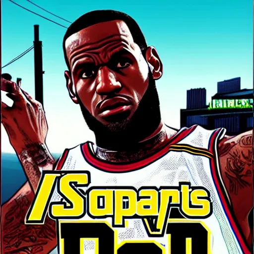 Image similar to lebron james in gta v cover art, sharp details, sharp focus