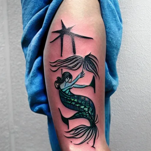 Prompt: tattoo of cute mermaid robots swimming through sea grass and kelp with light rays underwater