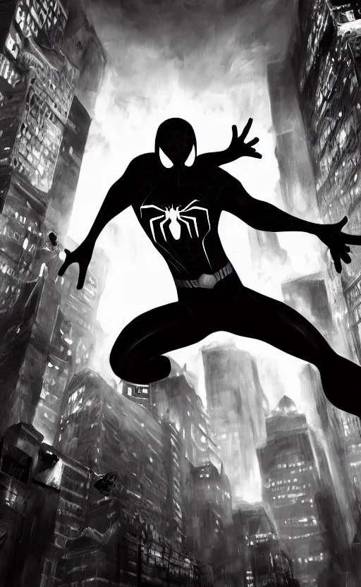 Image similar to epic spiderman noir wallpaper, dynamic lighting, photorealistic fantasy concept art, trending on art station, stunning visuals, creative, cinematic, ultra detailed