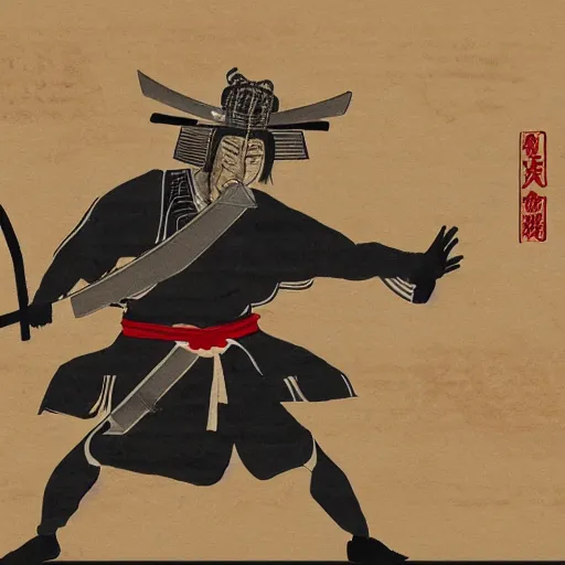 Prompt: donald trump dressed as a samurai holding a katana in a japanese edo period ink block painting, 4 k, hyper realistic, dslr, high resolution, landscape, beautiful