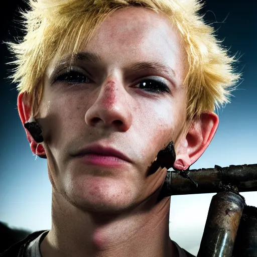 Image similar to close up headshot of a skinny high-fantasy elf with a long face narrow chin and spiky blonde hair wearing dark brown overalls and holding a bomb next to a destroyed car, gel spiked blond hair, high resolution film still, HDR color