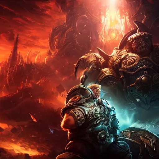 Image similar to Portrait of Trump, League of Legends amazing splashscreen artwork, Gears of War, splash art,natural light, elegant, photorealistic facial features, intricate, fantasy, detailed face, atmospheric lighting, anamorphic lens flare, cinematic lighting, league of legends splash art, hd wallpaper, ultra high details by Greg rutkowski