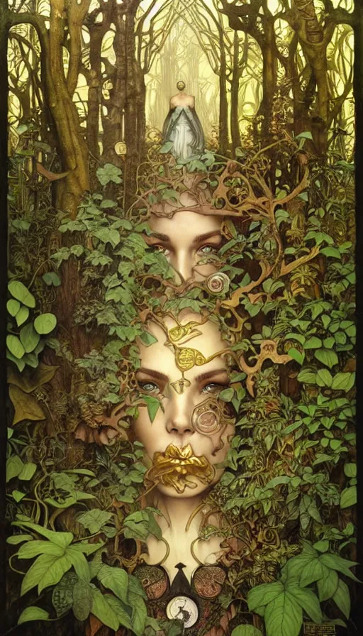 Image similar to M. C. Escher time machine, lush forest painted by tom bagshaw, mobius, mucha M. C. Escher, gold paint, ink, gnarly details