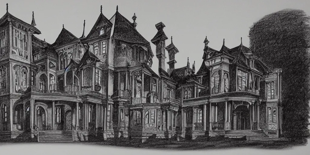 Image similar to technical drawing of a haunted mansion, hyper realistic, dramatic shadows, gothic