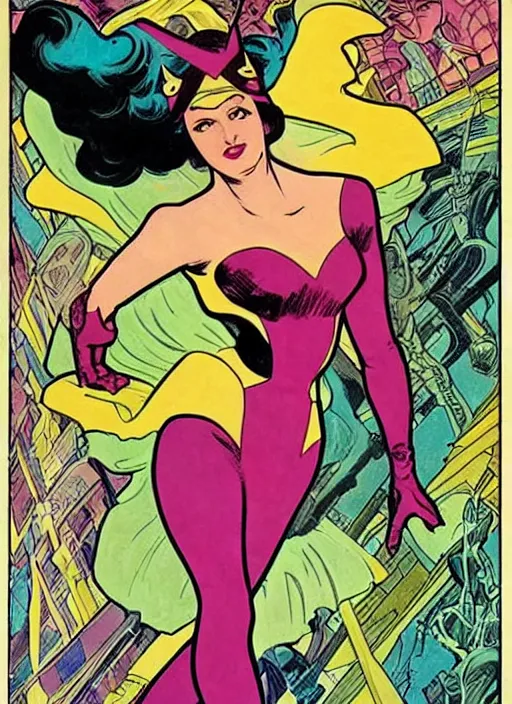 Image similar to a beautiful young woman. she is a superhero, wearing a superhero costume. well composed, clean elegant painting, beautiful detailed face. retro comic book art by steve ditko and jack kirby and ( alphonse mucha )