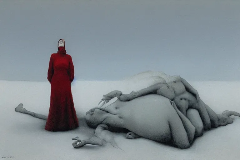 Prompt: a surrealist painting of a lonely woman with pale skin and red hair, standing over pile of bodies in post apocalyptic snowy landscape, painted by zdzisław beksinski