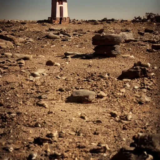 Prompt: an old lighthouse in the middle of the desert sitting on a rock, post apocalyptic