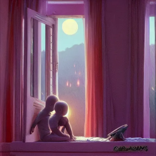 Prompt: and many others, including myself and my older brother, Sam, will be ablecanon of michael whelan, trending on artstation, vivid and vivid a boy looks outside his bedroom window to see the beautiful cosmos, trending