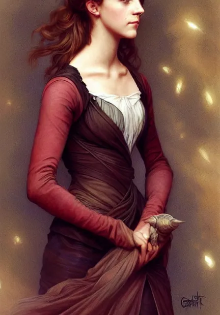 Image similar to emma watson hermione, intricate, elegant, highly detailed, digital painting, artstation, concept art, smooth, sharp focus, illustration, art by artgerm and greg rutkowski and alphonse mucha and william - adolphe bouguereau