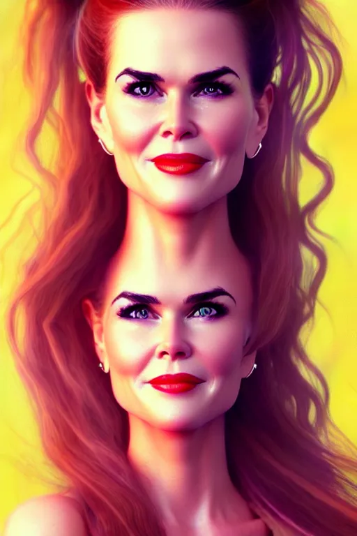 Image similar to portrait of a mix of beautiful young maria shriver, mariel hemmingway, brooke shields, nicole kidman and elle macpherson as a mermaid, thin lips, hair tied up in a pony tail, colorful artstation, cgsociety