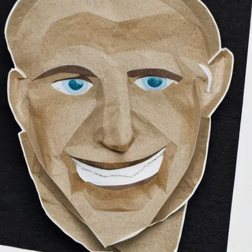 Image similar to a layered paper portrait of a caucasian man with wavey short hair, friedly smile, raised eyebrows