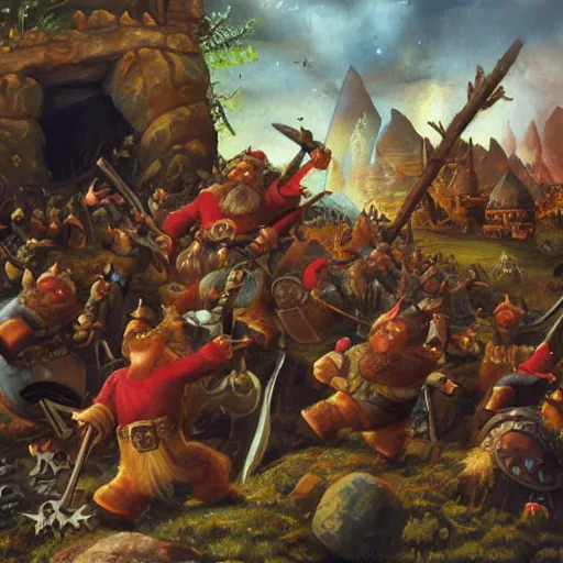 Image similar to an epic gnome battle scene, the attack of suicide dwarves, a detailed oil painting by William Byrd, the Battell style