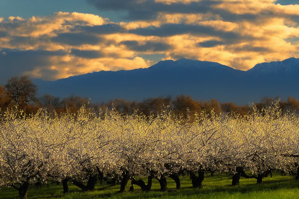 Prompt: a beautiful orchard in full bloom, blue hour. distant mountains. by phil greenwood. dramatic lighting.