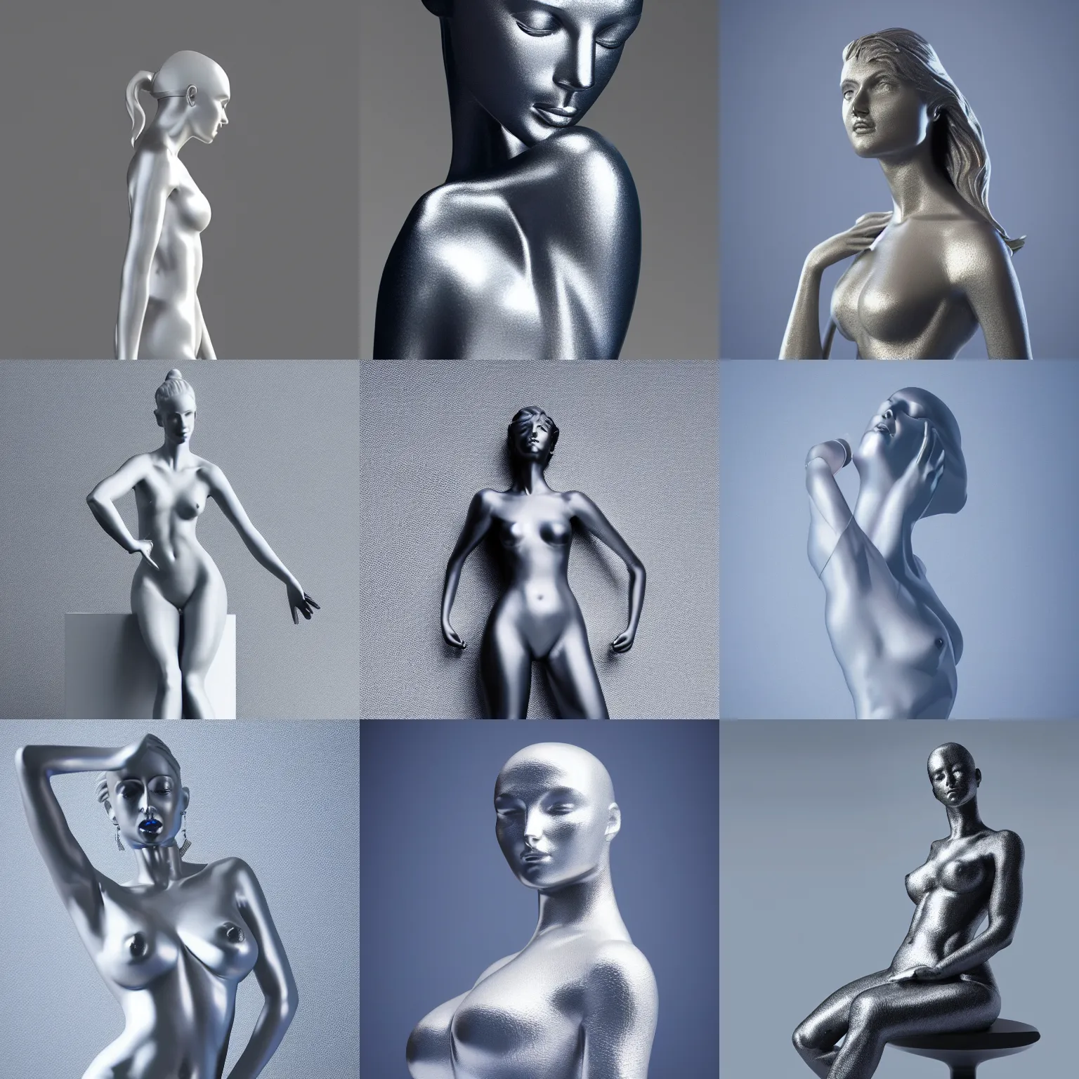 Prompt: ( statue the perfect woman ) designed by ferrari, studio photo, white backdrop, studio light, solid works, octane render, macro shot, in focus, dept of field, silver, blue, black design