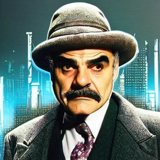 Image similar to david suchet's poirot as cyberpunk